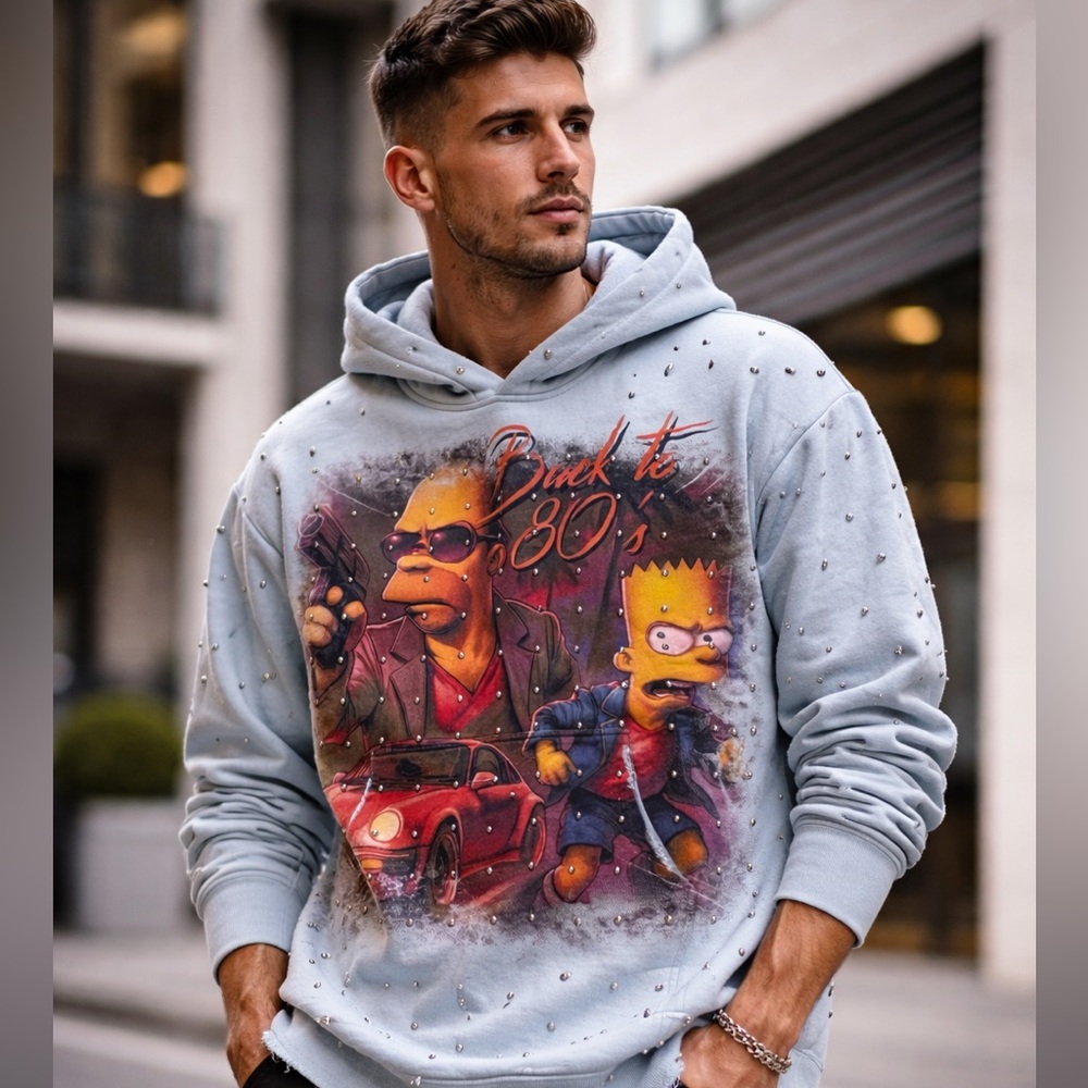 Stray “Back to 80’s” Studded‎ men’s Hoodie Bart Simpson cartoon Small light Blue